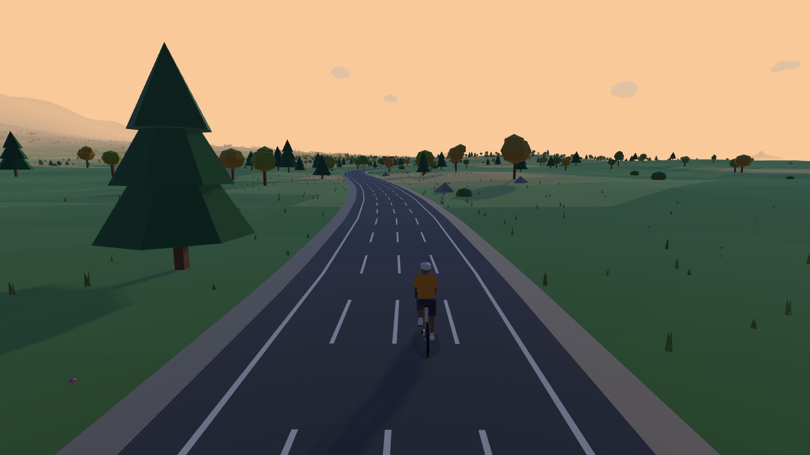 A rider in the OpenRadlr 3D world on a winding country road in evening light, seen from the drone camera.