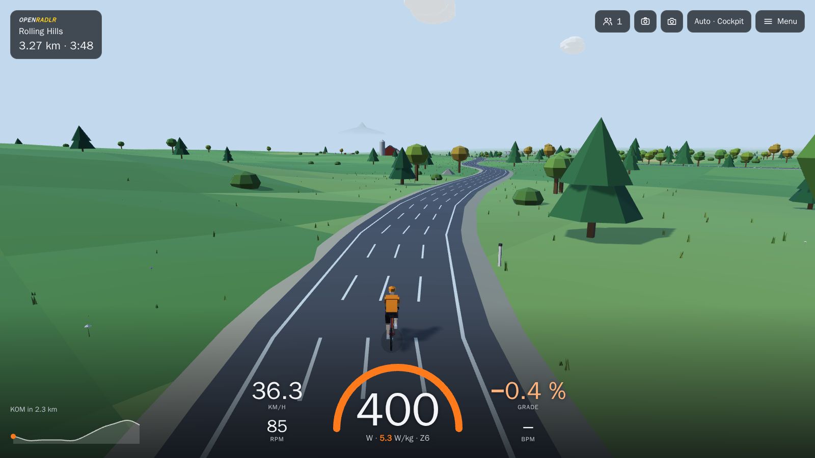 A ride in OpenRadlr: the rider on a country road, with power, speed, cadence and gradient on screen.
